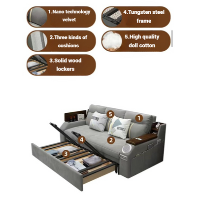 Extendable 2 in 1 Sofa Bed with Side Pockets,  Bottom and Side Storage, USB Ports, Bluetooth and Speaker - 240 cm Outside - Orange
