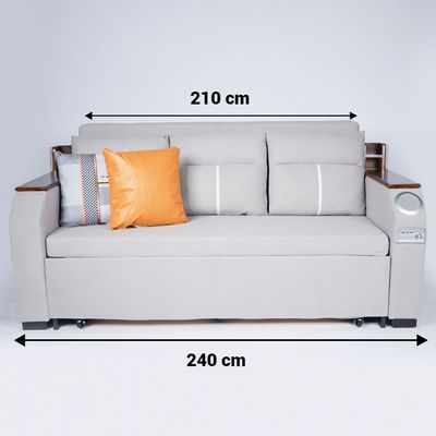 Extendable 2 in 1 Sofa Bed with Side Pockets,  Bottom and Side Storage, USB Ports, Bluetooth and Speaker - 240 cm Outside - Light Gray