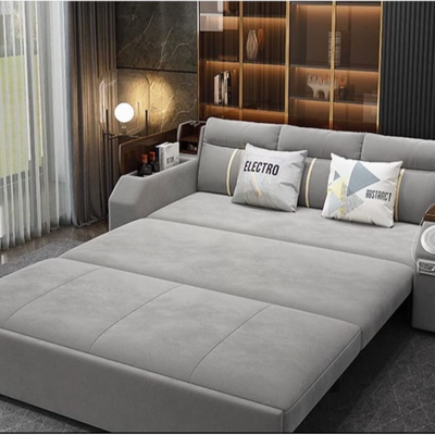 Extendable 2 in 1 Sofa Bed with Side Pockets,  Bottom and Side Storage, USB Ports, Bluetooth and Speaker - 240 cm Outside - Brown