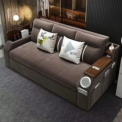 Extendable 2 in 1 Sofa Bed with Side Pockets,  Bottom and Side Storage, USB Ports, Bluetooth and Speaker - 240 cm Outside - Brown