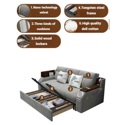 Extendable 2 in 1 Sofa Bed with Side Pockets,  Bottom and Side Storage, USB Ports, Bluetooth and Speaker - 240 cm Outside - Brown