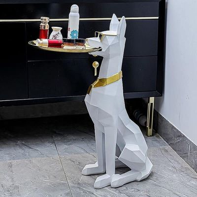 Doberman Dog Shaped Metal Corner Table, Resin Abstract Art Sculpture, Holding Tray, Dog Shape Coffee Table Side End Table Corner Resin Sculpture for Living Room, Entryway, Office, Home Decoration - White