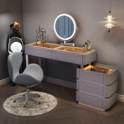 Sleek Modern Dressing Table with Chair Retractable Mirror and Lighted Countertop - Gray