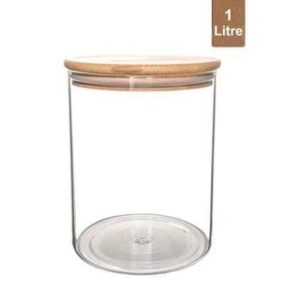 Honey Bee 1 Liter Multipurpose Airtight Round Glass Jar with Bamboo Lid For Kitchen & Pantry