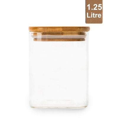 Honey Bee 1.25 Liter Multipurpose Airtight Round Glass Jar with Bamboo Lid For Kitchen & Pantry