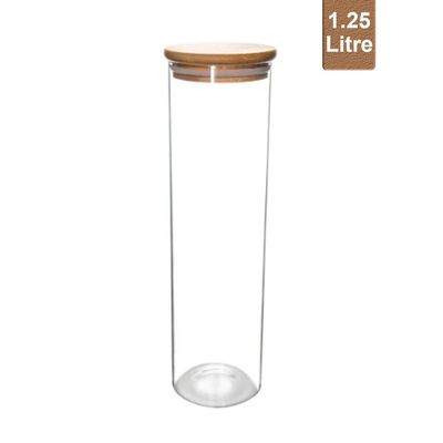 Honey Bee 1.25 Liter Multipurpose Airtight Tall Round Glass with Bamboo Lid For Kitchen & Pantry