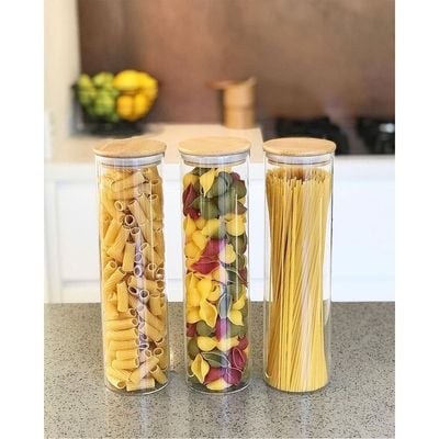 Honey Bee 1.25 Liter Multipurpose Airtight Tall Round Glass with Bamboo Lid For Kitchen & Pantry