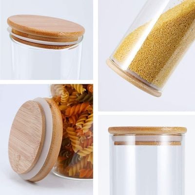 Honey Bee 1.25 Liter Multipurpose Airtight Tall Round Glass with Bamboo Lid For Kitchen & Pantry