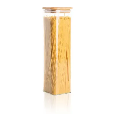 Honey Bee 1.75 Liter Multipurpose Airtight Tall Square Glass with Bamboo Lid For Kitchen & Pantry