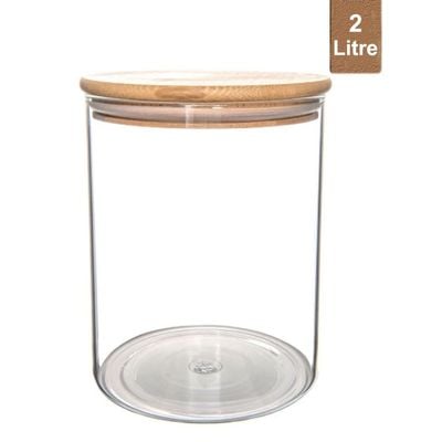 Honey Bee 2 Liter Multipurpose Airtight Round Glass with Bamboo Lid For Kitchen & Pantry