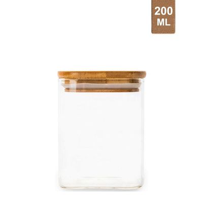 Honey Bee 200ML Multipurpose Airtight Square Glass with Bamboo Lid For Kitchen & Pantry