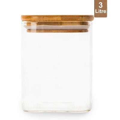 Honey Bee 3 Liter Multipurpose Airtight Round Glass with Bamboo Lid For Kitchen & Pantry