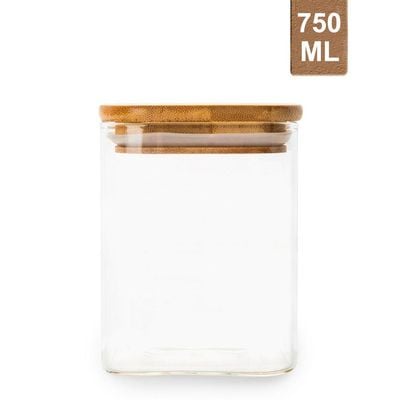 Honey Bee 750ML Multipurpose Airtight Square Glass with Bamboo Lid For Kitchen & Pantry