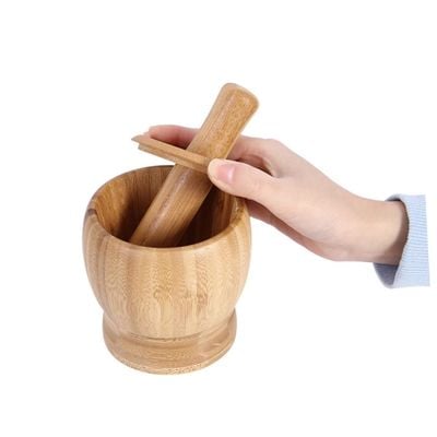 Honey Bee Bamboo Mortal & Pestel 11 x 10 cm, Compact and Eco-Friendly Spice Grinding Tool for Fresh Flavor