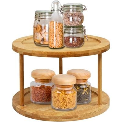 Honey Bee Bamboo Space-Saving Turntable Organizer 21cm, Organize Kitchen, Bathroom, or Office