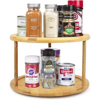 Honey Bee Bamboo Space-Saving Turntable Organizer 21cm, Organize Kitchen, Bathroom, or Office