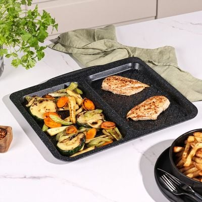 Salter Megastone Split Baking Tray – Non-Stick Oven Tray With 2 Compartments For Multipurpose Cooking, Durable Carbon Steel Ovenware, Easy To Clean