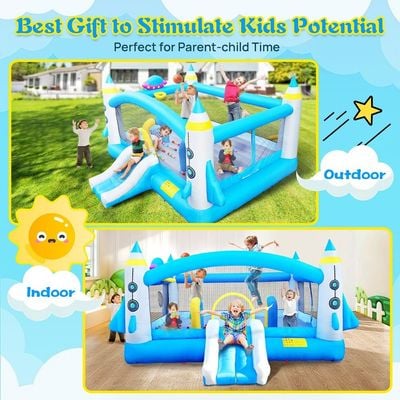 MYTS Rocket Adventure Inflatable Playhouse With Slide, Ball Pit, And Basketball Hoop