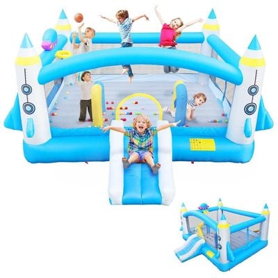 MYTS Rocket Adventure Inflatable Playhouse With Slide, Ball Pit, And Basketball Hoop