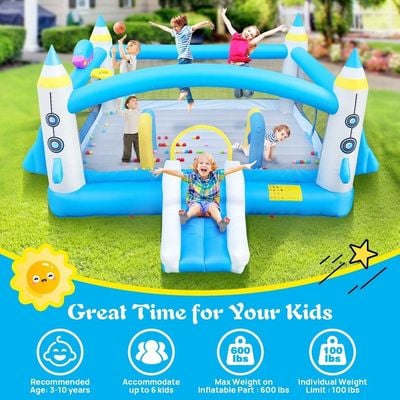 MYTS Rocket Adventure Inflatable Playhouse With Slide, Ball Pit, And Basketball Hoop