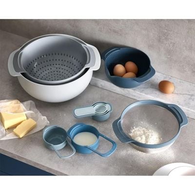 Joseph Joseph Edition Nesting Set with Mixing Bowls, Measuring Cups, Sieve, Colander, 9-Piece, Sky, JJ-40101