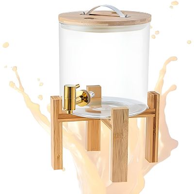 Homesmiths Juice Dispenser, 5 L, Made of Glass, Juice Dispenser, Water Dispenser with Stand and Tap Glass Lid, Stainless Steel Tap, Wooden Stand, for Hot or Cold Drinks, Ice Water.