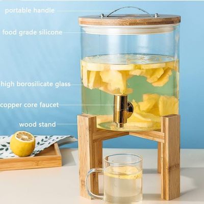 Homesmiths Juice Dispenser, 5 L, Made of Glass, Juice Dispenser, Water Dispenser with Stand and Tap Glass Lid, Stainless Steel Tap, Wooden Stand, for Hot or Cold Drinks, Ice Water.