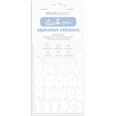 Stuck on You Novelry Alphabet Stickers, includes multiple Sets of Alphabets, Diswasher, Microwave, Freezer safe, scratch resistant.  White