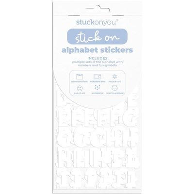 Stuck on You Novelry Alphabet Stickers, includes multiple Sets of Alphabets, Diswasher, Microwave, Freezer safe, scratch resistant.  White