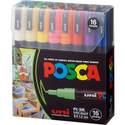 Uni Posca Water-Based Paint Marker Set - 3M Tip, 16 Colors - Non-Toxic, Multi-Surface Paint Pens for Art, Craft, and DIY Projects