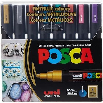 Uni Posca Water-Based Permanent Paint Pens - Metallic Colors, Non-Toxic Markers for Art, Craft, and DIY Projects