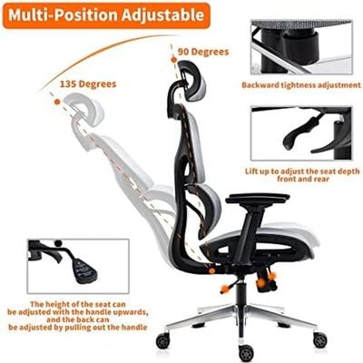 COOLBABY Ergonomic Office Chair, Home Desk Chair, Comfy Breathable Mesh Chair, High Back Thick Cushion Computer Chair with Headrest and 3D Armrests, Adjustable Height Home Gaming Chair (Grey)