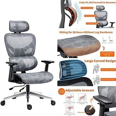 COOLBABY Ergonomic Office Chair, Home Desk Chair, Comfy Breathable Mesh Chair, High Back Thick Cushion Computer Chair with Headrest and 3D Armrests, Adjustable Height Home Gaming Chair (Grey)