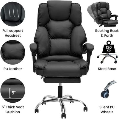 COOLBABY Executive Office Gaming Chair PU Leather 360° Swivel Desk Chair, High Back & Adjustable Height Computer Table Chair, Soft Foam Gaming Study Chair Lumbar Support with Footrest (Black)