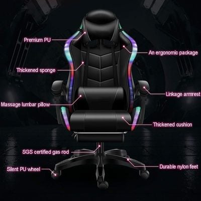 COOLBABY LED Gaming Chair Racing Office Swivel Computer Desk Chair Ergonomic Conference Chair Work Chair with Pillows Lumbar Support Footrest PU Leatherwith,All black