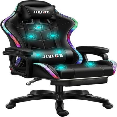 COOLBABY LED Gaming Chair Racing Office Swivel Computer Desk Chair Ergonomic Conference Chair Work Chair with Pillows Lumbar Support Footrest PU Leatherwith,All black