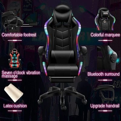 COOLBABY LED Gaming Chair Racing Office Swivel Computer Desk Chair Ergonomic Conference Chair Work Chair with Pillows Lumbar Support Footrest PU Leatherwith,All black