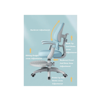 COOLBABY Kids Adjustable Learning Chair,Children's Writing Chair,90° Flip Armrest,Study Chair with Wheels,Blue