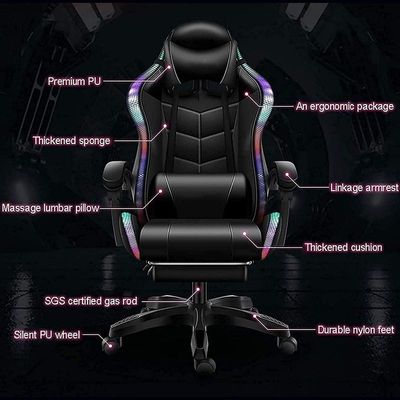 COOLBABY Gaming Chair LED Light Racing Chair,Ergonomic Office Massage Chair,Lumbar Support and Adjustable Back Bench,Bluetooth Speaker…