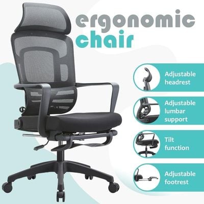 Ergonomic office chair, Retractable Footrest and Adjustable back support, Chair for Home Office, Adjustable rolling swivel office chair with armrest and headrest, Executive chair Black