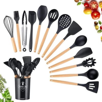 COOLBABY 12 Pcs Silicone Cooking Utensil Kitchen Set, Kitchen Utensils Set with Wood Handles for Nonstick Cookware Set, Great Kitchen Tools