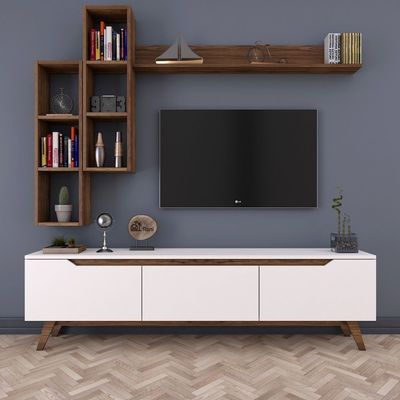 Home Canvas Lana Wall Unit Modern Upto 60in TV - White and Walnut