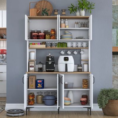 Home Canvas Brew Master Multi-Purpose Buffet and Hutch Cabinet: 8 Doors Pantry Kitchen Cabinet White and Walnut