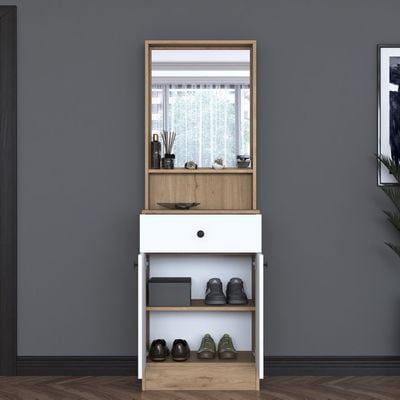 Home Canvas Elegance Modern Hallway Organizer with Mirror, Shelves, and Storage Cabinet- Walnut and White