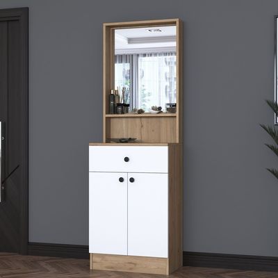 Home Canvas Elegance Modern Hallway Organizer with Mirror, Shelves, and Storage Cabinet- Walnut and White