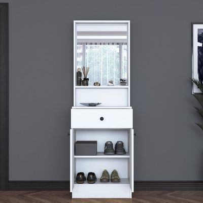 Home Canvas Elegance Modern Hallway Organizer with Mirror, Shelves, and Storage Cabinet- White