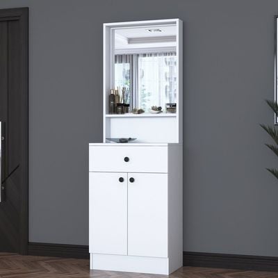 Home Canvas Elegance Modern Hallway Organizer with Mirror, Shelves, and Storage Cabinet- White