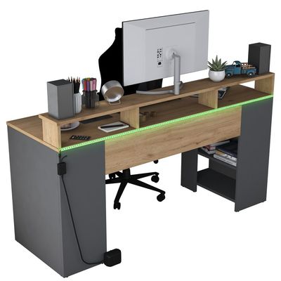 Home Canvas Glow Tech Gaming Desk with LED Color-Changing Shelf Dark Grey with Walnut