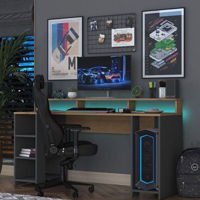 Home Canvas Glow Tech Gaming Desk with LED Color-Changing Shelf Dark Grey with Walnut