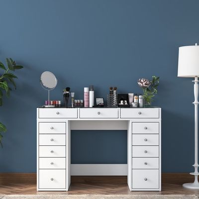 Home Canvas Glamour Ease Makeup Dressing Table with 13 Drawers & Glass Top Jewelry Organizer White